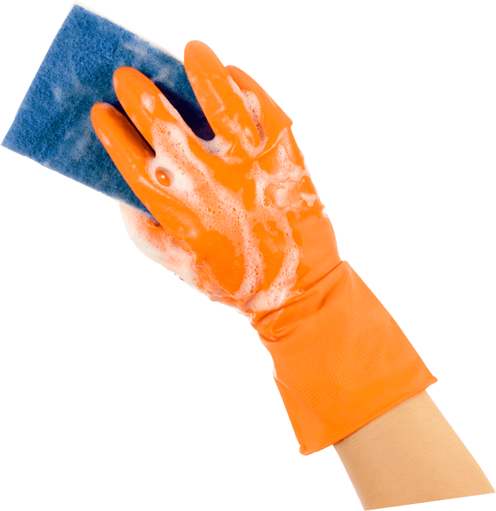 A gloved hand holding a soapy cleaning sponge