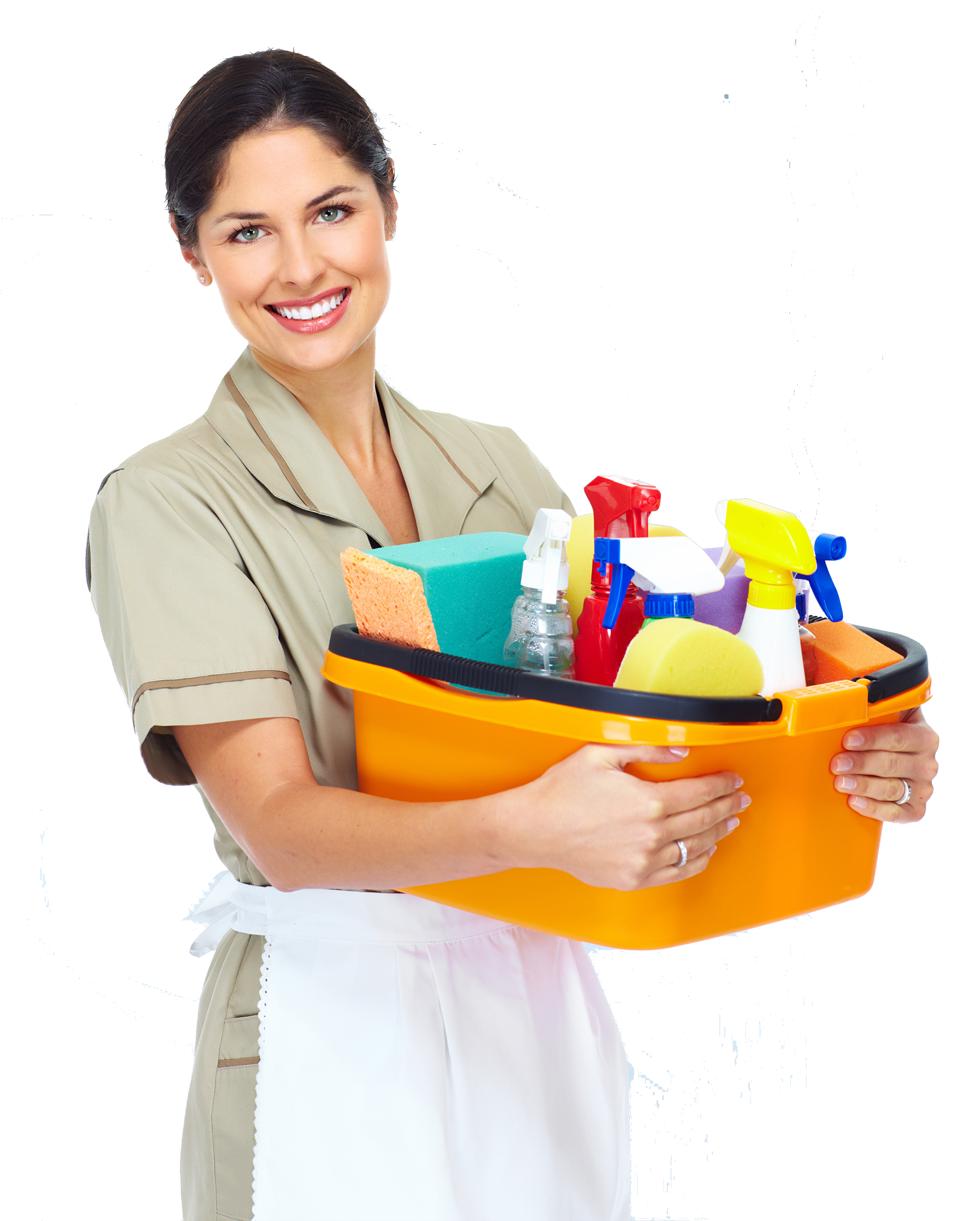 A smiling cleaner in uniform holding a caddy of cleaning supplies